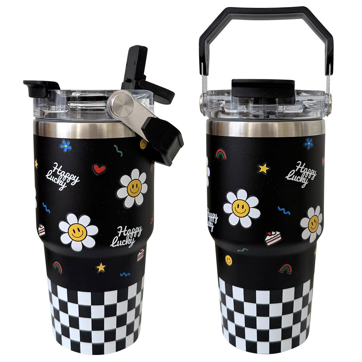 바이코코 스마일 데이지 보온 보냉 스텐 예쁜 손잡이 빨대 텀블러, 1개, 600ml, 블랙 23,600원