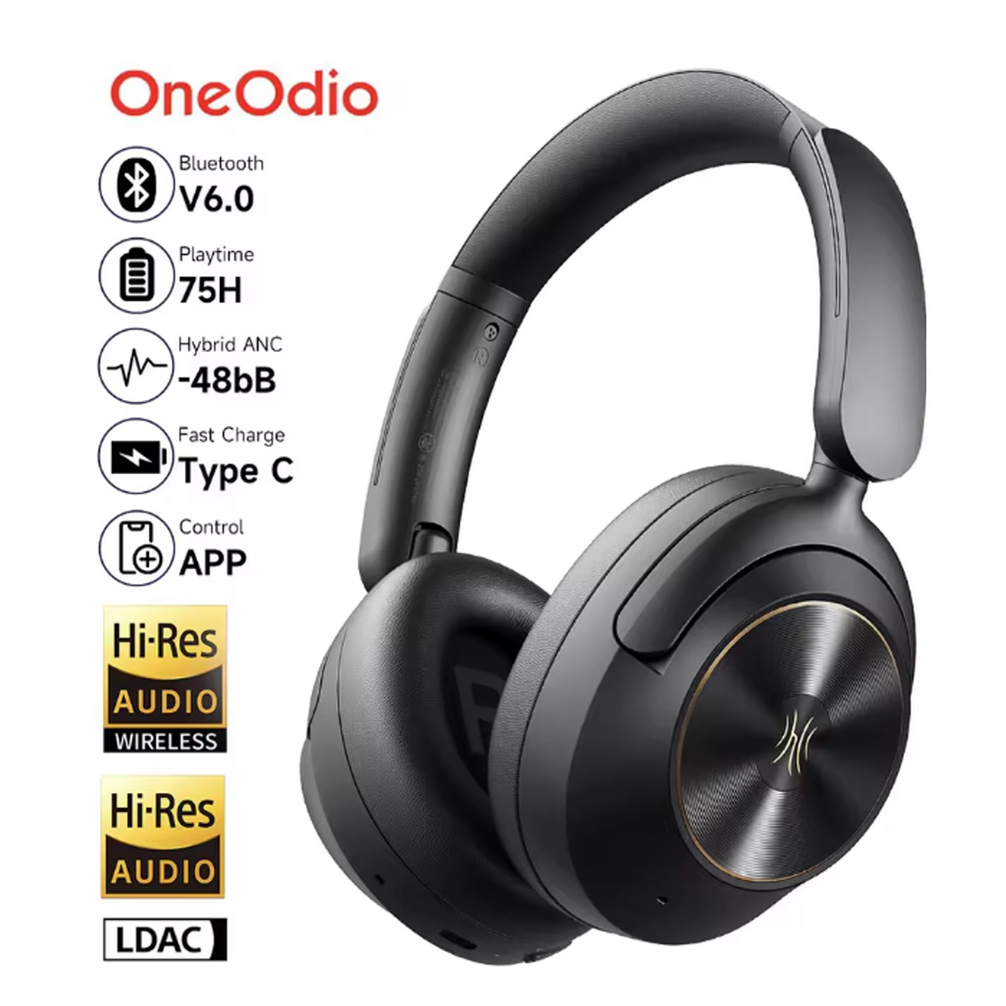 원오디오 OneOdio A6 ANC 무선 블루투스 6.0 헤드폰 -48dB 하이브리드 액티브 노이즈 캔슬링 오버이어 헤드셋 마이크, Hi-Res LDAC 앱 지원 95,000원