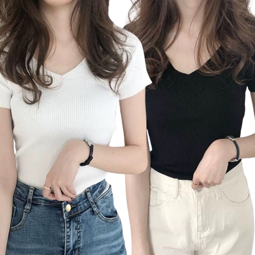 핑크셀럽 슬림핏 브이넥 골지 반팔 니트 티셔츠 2P 19,800원