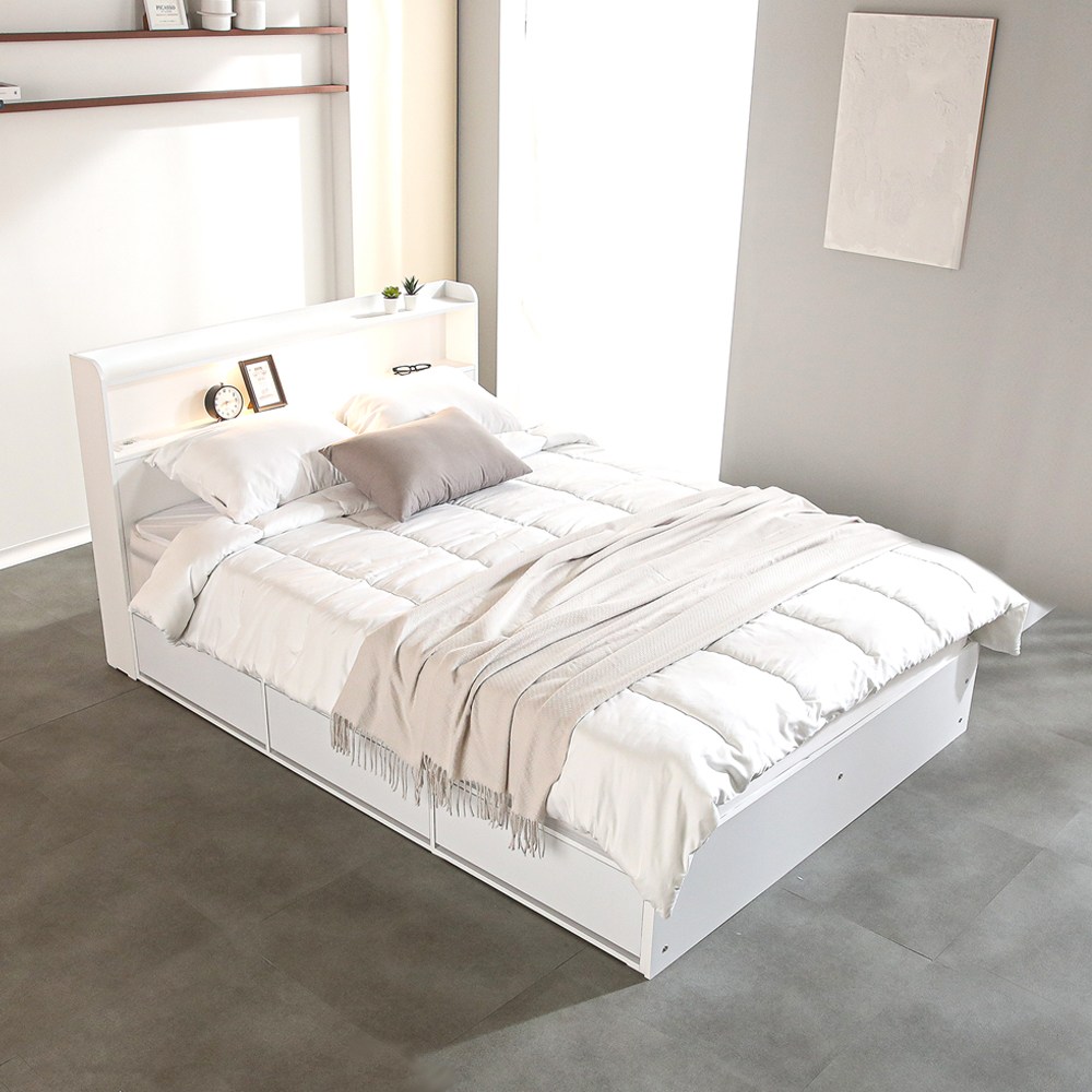 (매트포함)보루네오 국내제작 LED 멀티수납 고급형 통서랍 침대프레임 SS Q+호텔용 양면 매트리스(수도권 희망일배송,방문설치), 14.카이언(화이트) 6회전 본넬매트 478,000원