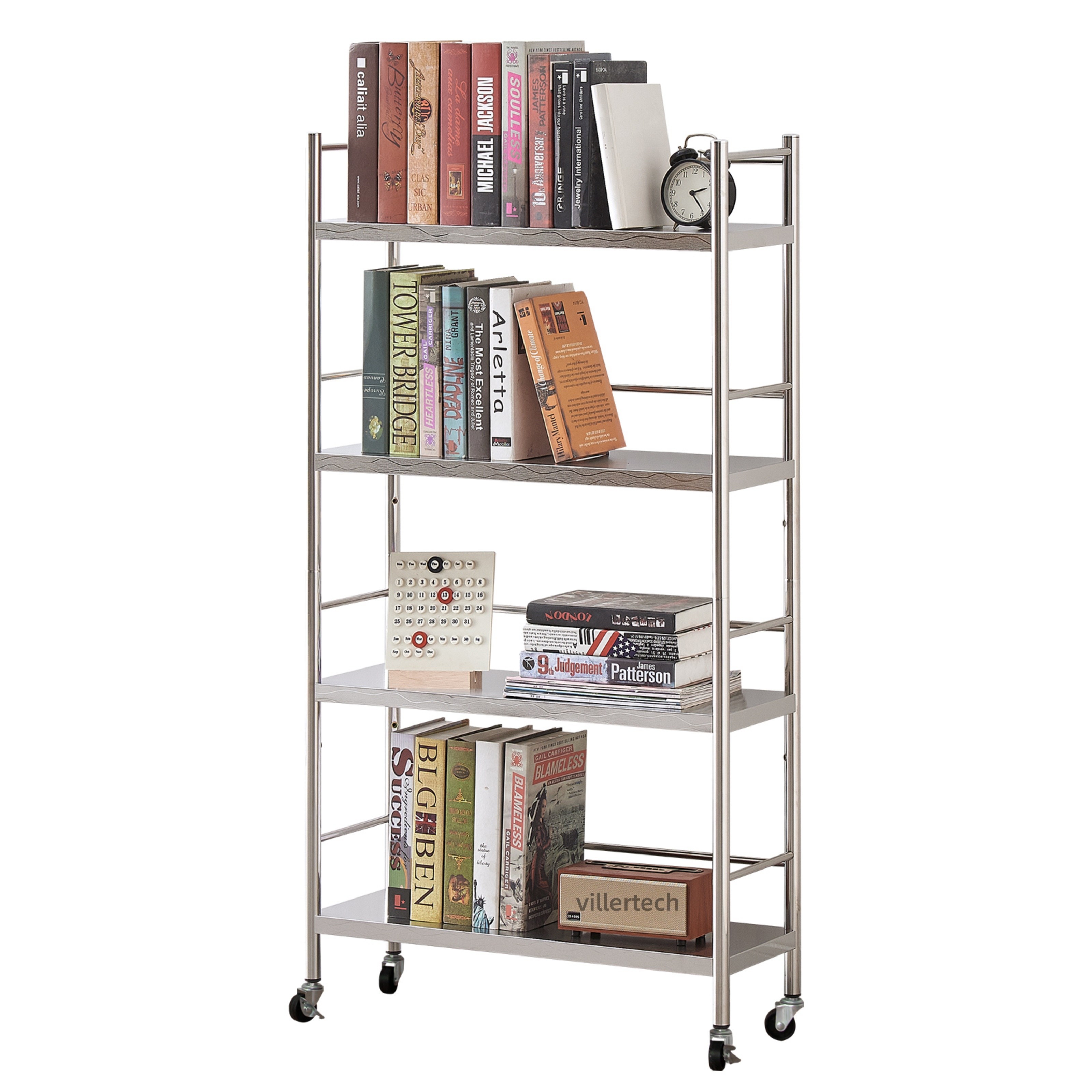 스테인리스 스틸 파도무늬 책장, 가드레일 포함, 확장발판+바퀴 세트, 단층 40kg 강력수납, 주방 욕실 거실 사무실 다용도 선반, 현대 인테리어 책장, 4단, 실버 79,990원