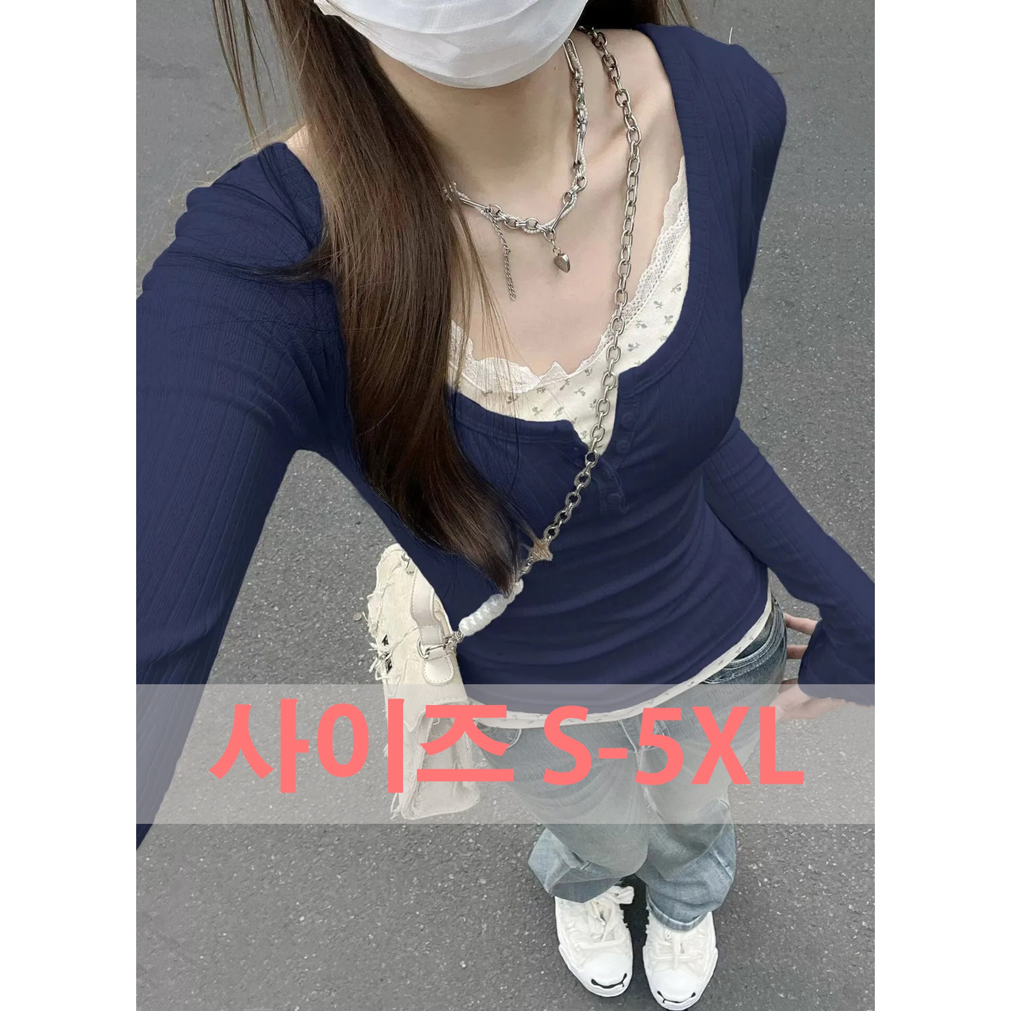 녕동 빅사이즈 여성 긴팔티 라운드넥 레이어드 슬림핏 플라워 패치 봄가을 긴팔 티셔츠 29,600원