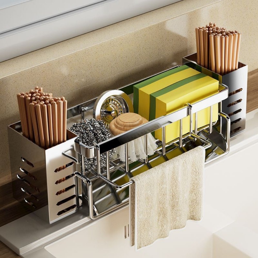 올스텐 304 자동물빠짐 수세미건조대 싱크대 스텐 수세미거치대 주방 수저 수납통 수세미걸이 세제 거치대, 실버(추가 수저통2개), 1개 24,000원