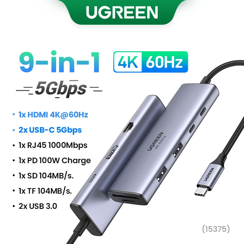 UGREEN USB C 허브 4K60Hz 7-in-1 C-HDMI PD100W SD&TF RJ45 USB3.0 MacBook 노트북 분배기 도킹 스테이션 51,200원