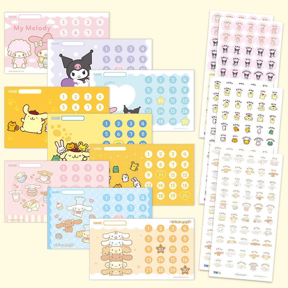 [1+1+1] [대용량] [스티커1,350개+판 27개] 산리오캐릭터즈 칭찬스티커 세트_미니사이즈, 1세트 15,900원