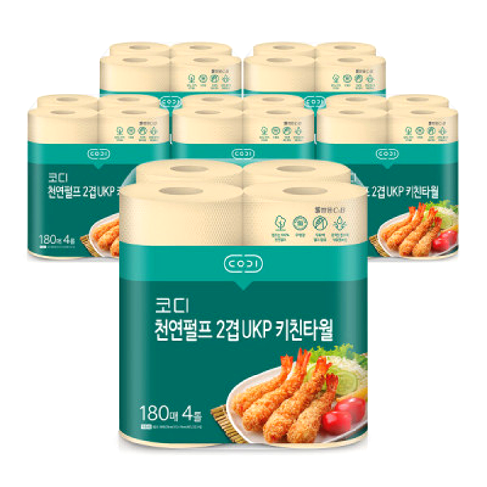코디 천연펄프 2겹 UKP 키친타월 180매 4롤 6팩 총 24롤 / 무표백 음식전용 키친타월 45,200원