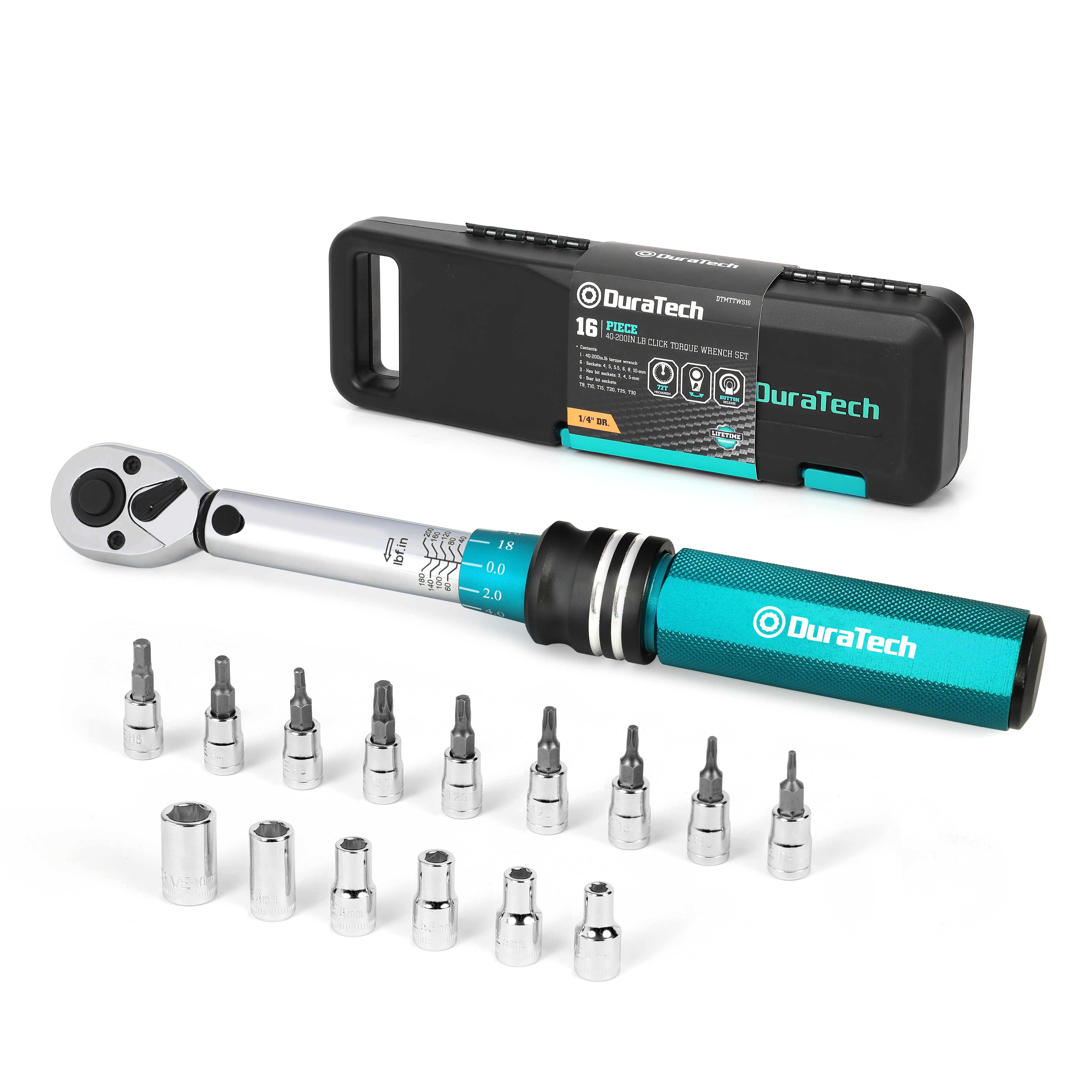 DURATECH 1/4인치 16pc 토크렌치 세트 휴대용 자전거공구 라쳇 자동차 수리 기계설비 작업용 렌치 조정 가능한 토크 키트 스케일 포함, 현재가 38,610원
