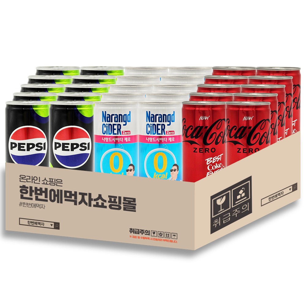 [한번에먹자] 저칼로리 제로 탄산음료 혼합세트 180ml~190ml 펩시콜라제로라임 10캔 + 동아오츠카 나랑드사이다제로 10캔 + 코카콜라제로 10캔 미니캔음료 노래방 당구장 19,950원