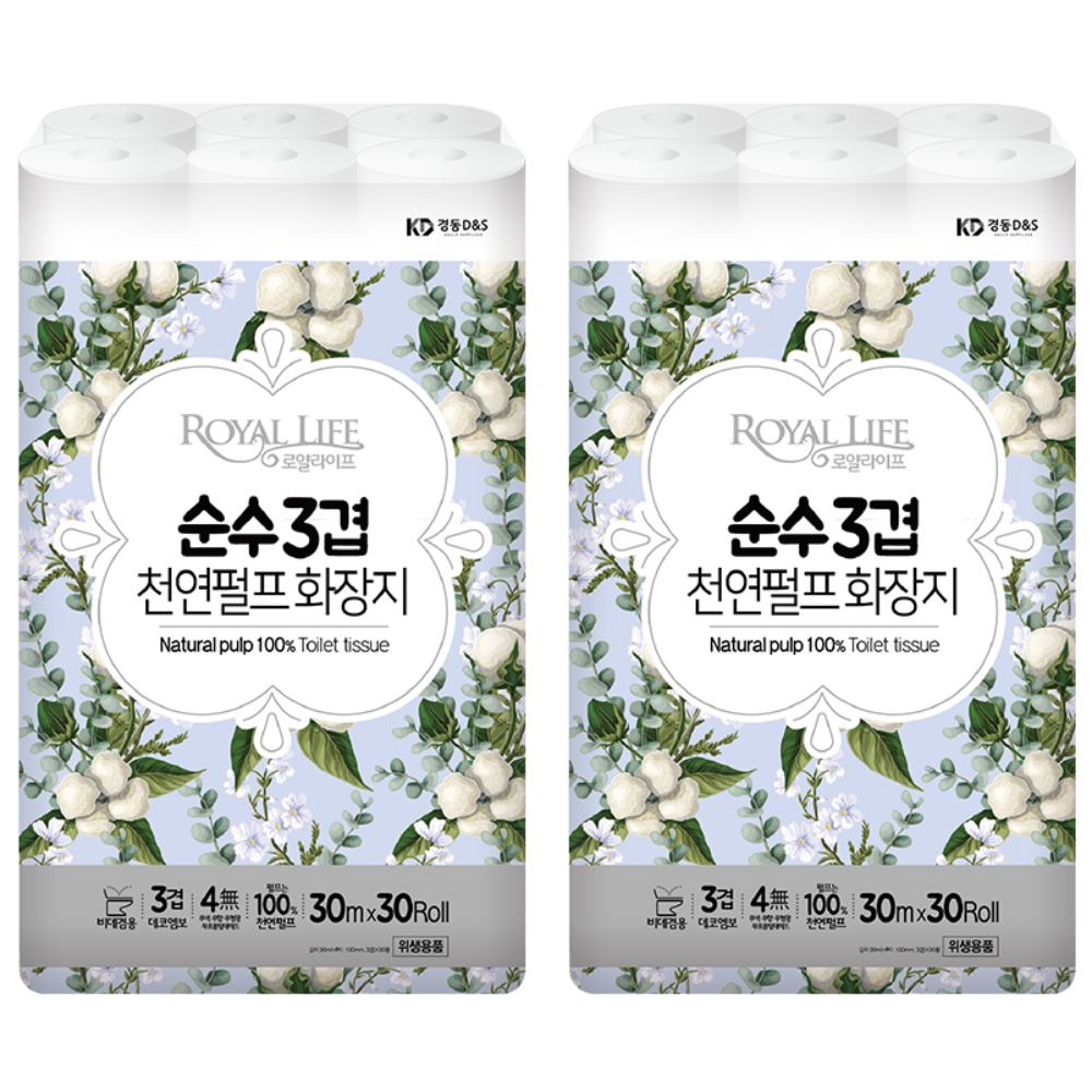 로얄라이프 천연펄프 순수 3겹 화장지 2팩, 2개, 60롤, 30m 21,900원