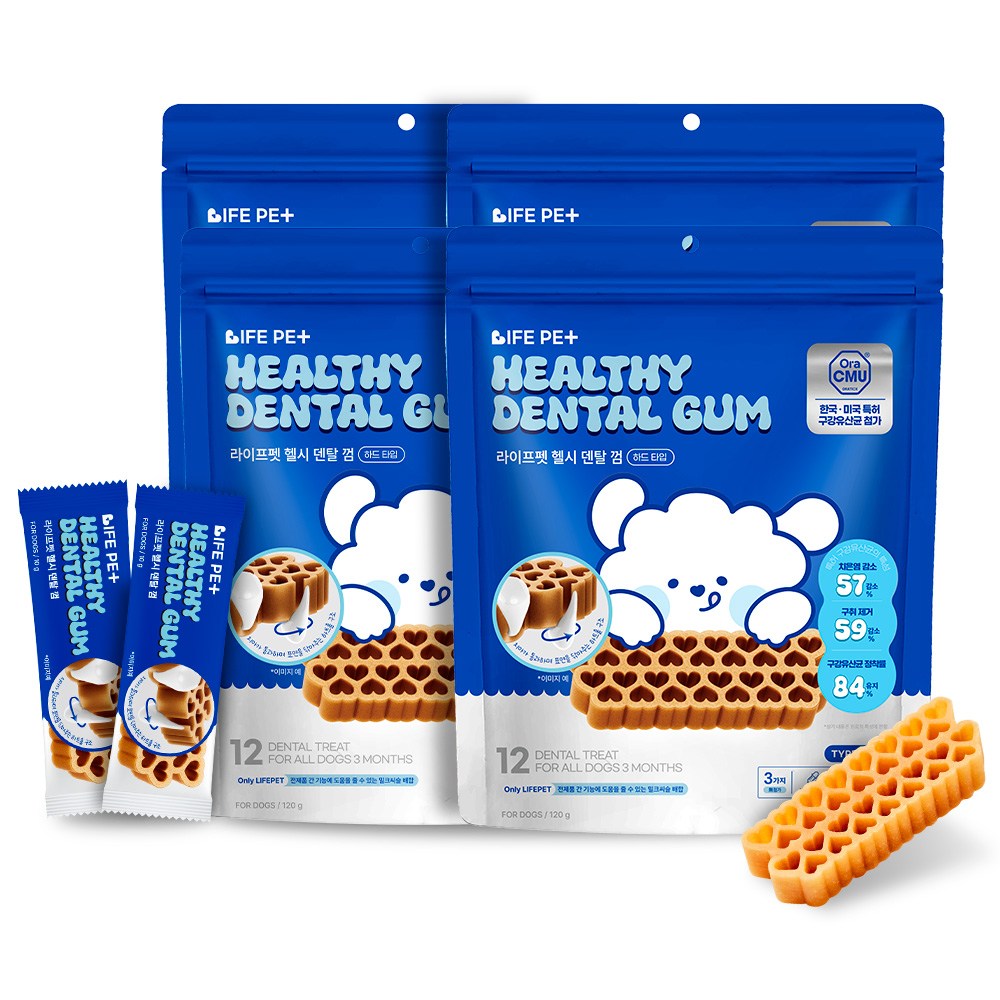 특허받은 라이프펫 강아지 덴탈껌 12개입 개껌 치석제거껌 양치 치카껌치아 입냄새제거 치태제거껌 애견간식 딱딱한 하드타입 허니콤츄, 120g, 4개 55,120원