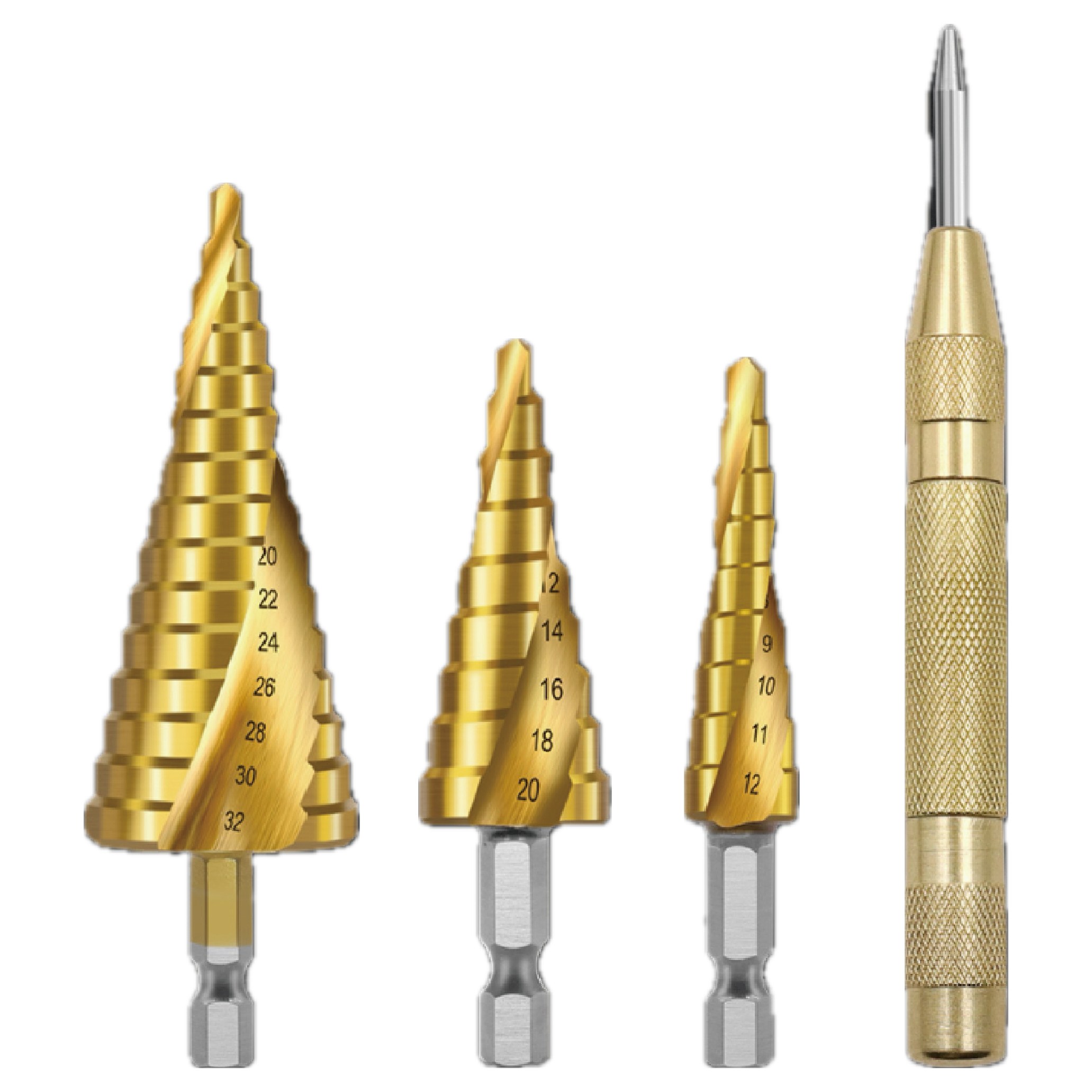 망고테크 스텝드릴 비트 3종세트+1센터펀치 고급형 트위스트 멀티 홀가공 홀커터 철판 동판 플라스틱 목재 알루미늄 홀쏘 천공 드릴 날 기리 비트 임팩드릴 전동드릴 탁상드릴, 1세트 19,900원