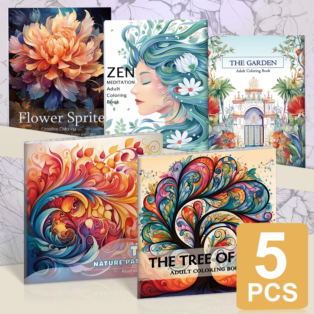 INCEROSE 성인용 컬러링북세트 5권 - 스트레스 해소를 위한 퍼펙트 컬러링북세트, 성인 힐링 컬러링북 5권, 자연선의회 50,000원