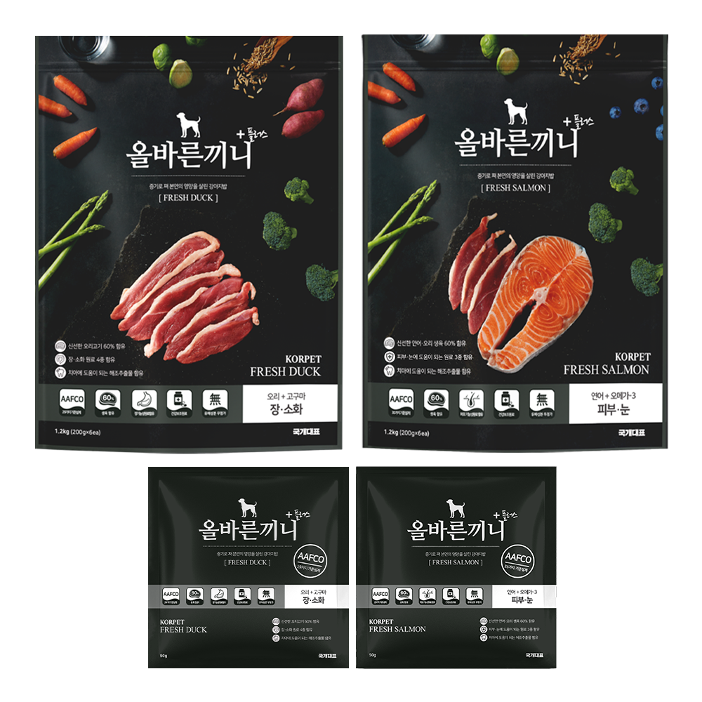 올바른끼니 플러스 2종 세트-피부눈건강(연어오메가3) + 장건강(오리고구마) _ 60%생육, 스팀공법 영양식 강아지사료, 2.5kg, 1세트, 연어+오리 57,000원