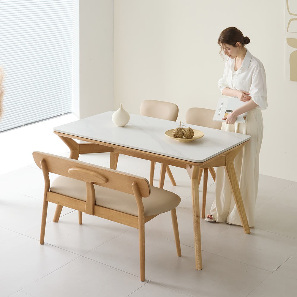 까르엠가구 헤이븐 포세린 양면 세라믹 50R 애쉬 원목 4인용 식탁세트 1600 2인벤치1+의자2 707,900원