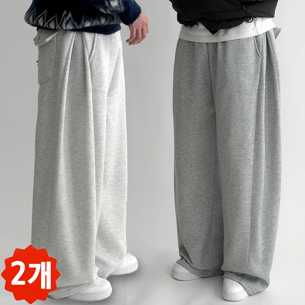 [1+1 사계절] 빠델 백 포켓 포인트 사이드핀턱 벌룬 와이드 트레이닝 스웻 커브드 팬츠 회색 트레이닝팬츠 기모 바지 36,900원
