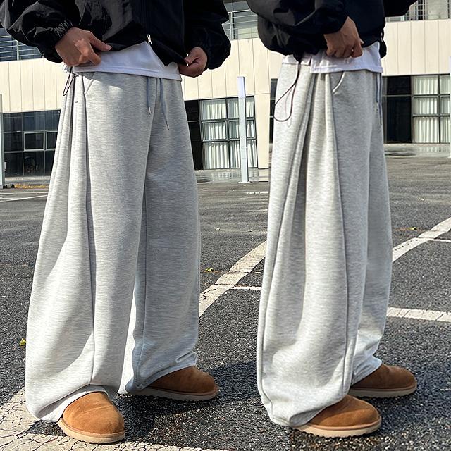 [1+1/두장묶음](기모/쭈리) 남녀공용 옆트임 사이드 핀턱 커브드 숏기장 롱기장 벌룬 와이드 트레이닝 팬츠 3color 6358, 현재가 29,900원