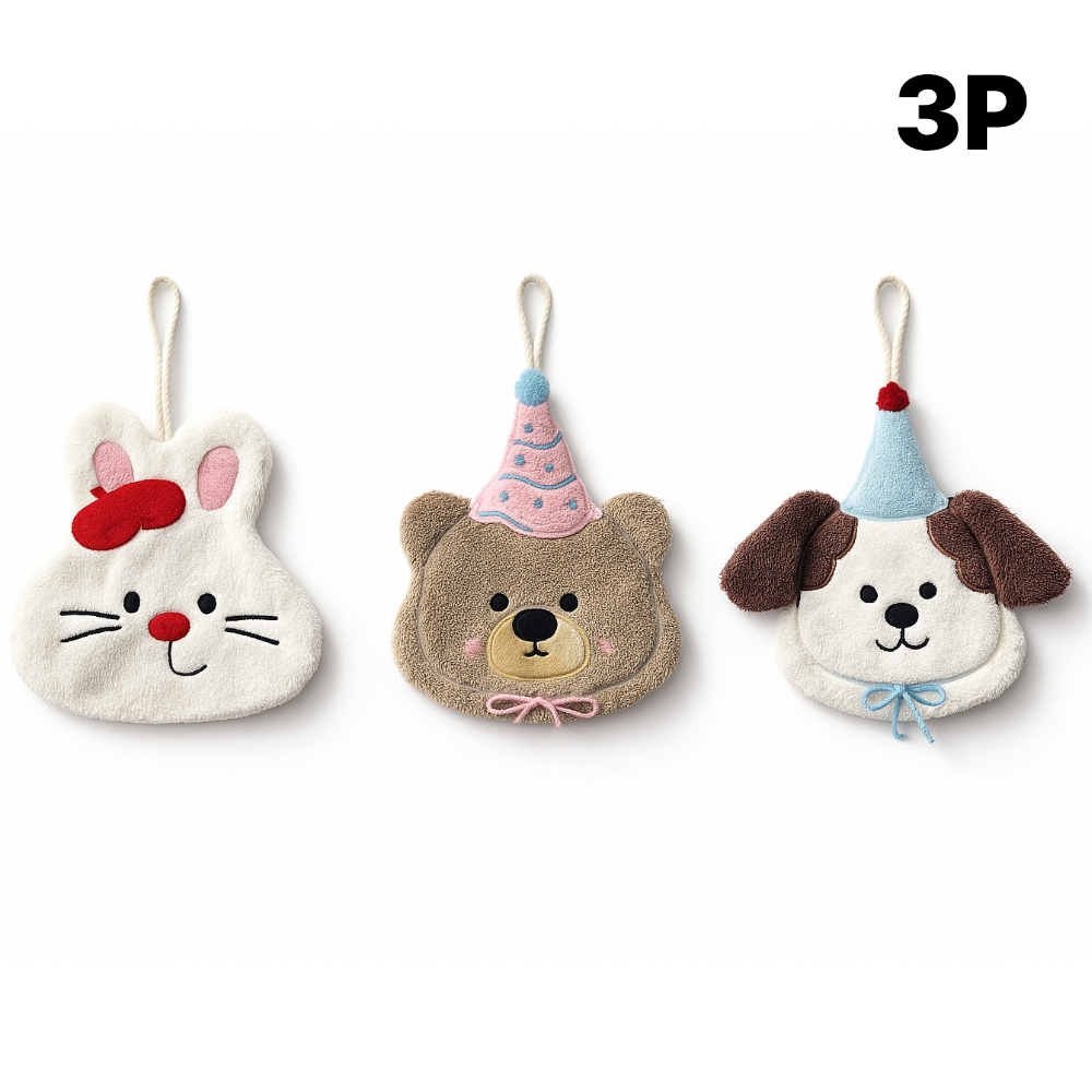 맘띵마켓 욕실 주방 고리수건3종세트 후크추가증정, 1세트, 토끼 곰돌이 강아지 혼합 8,800원