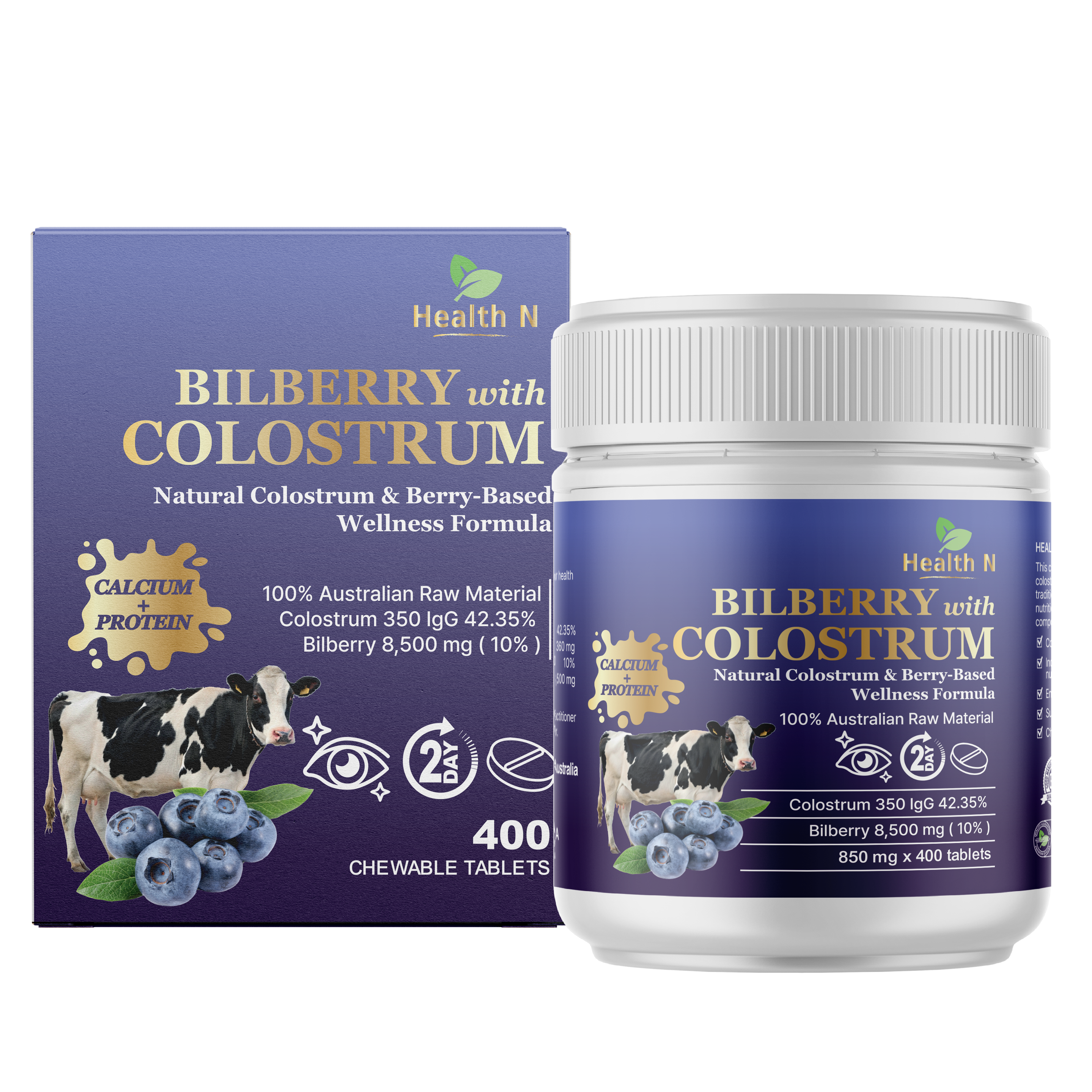 [Health N] 호주 헬스엔 빌베리 + 초유 400 츄어블 타블렛 단백질+눈건강, 1개, 400정 135,000원