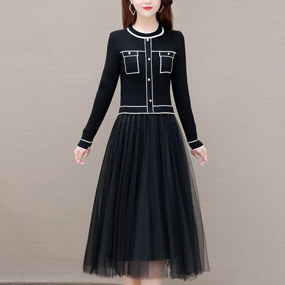 Vezri 여성 봄 가을 니트 블라우스와 메쉬 스커트 세트 플레어 드레스 레이어드 패션 우아한 스타일 22,340원