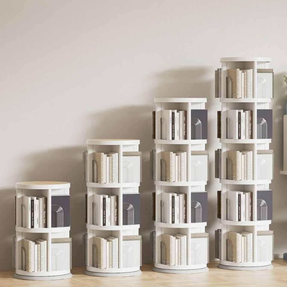 360도 회전하는 미드센추리 원형 회전 책장 틈새 코너 공간 활용 책꽂이, 화이트, 4단 83,600원