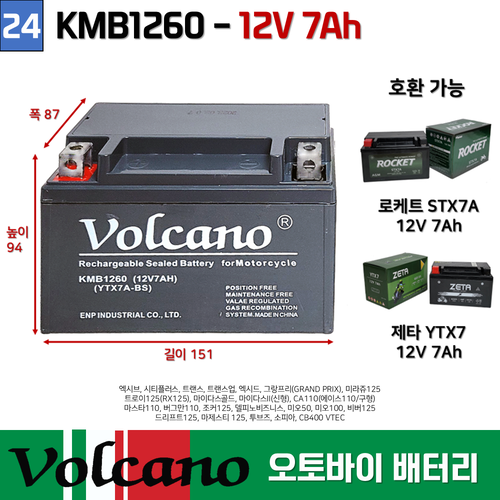 24번 KMB1260 / (12V7AH) 오토바이 밧데리 / 스쿠터 / 부림소방 / 볼케이노 오토바이 배터리 KMB1260/, 현재가 22,600원