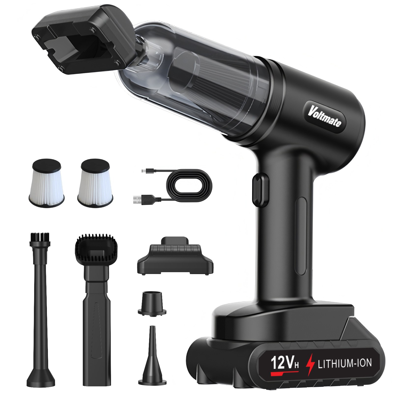 Voltmate 16000Pa 2단 조절 BLDC 강력 무선 리튬 배터리 핸디 차량용 청소기 LED 조명 배터리 잔량 표시 Type-C 포트, 블랙, VC033 93,850원