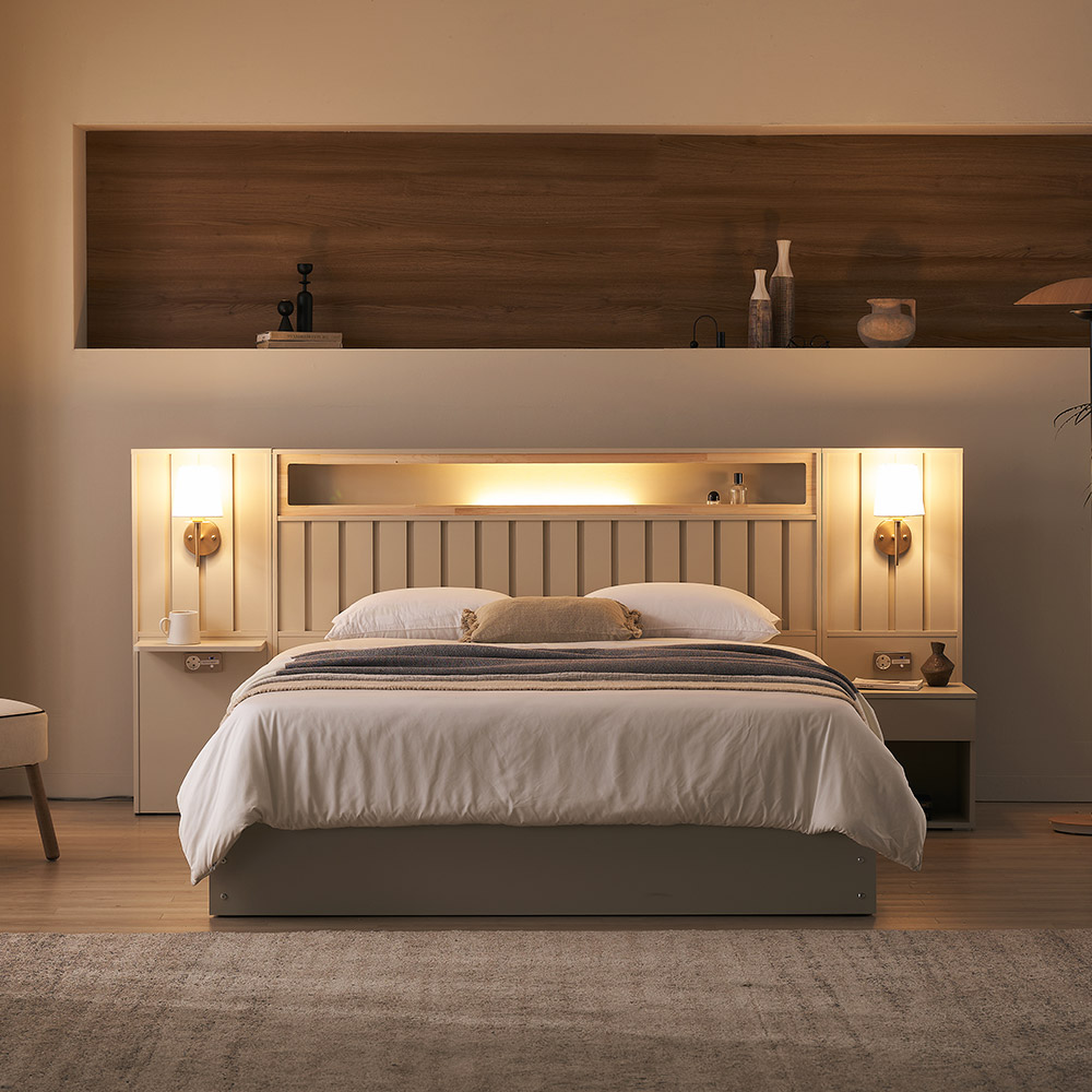 베디스 모나코 호텔식 편백나무 아트월 LED조명 평상형 침대프레임 퀸킹공용 SS QK LK( 협탁패널1+선반패널1) 727,000원