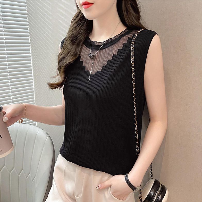 여름 중년 여자 민소매 나시티 빅사이즈 슬림핏 레이스 패치 냉장고 니트 민소매티 데일리 여성 얇은 나시 티셔츠 YSQ 20,110원