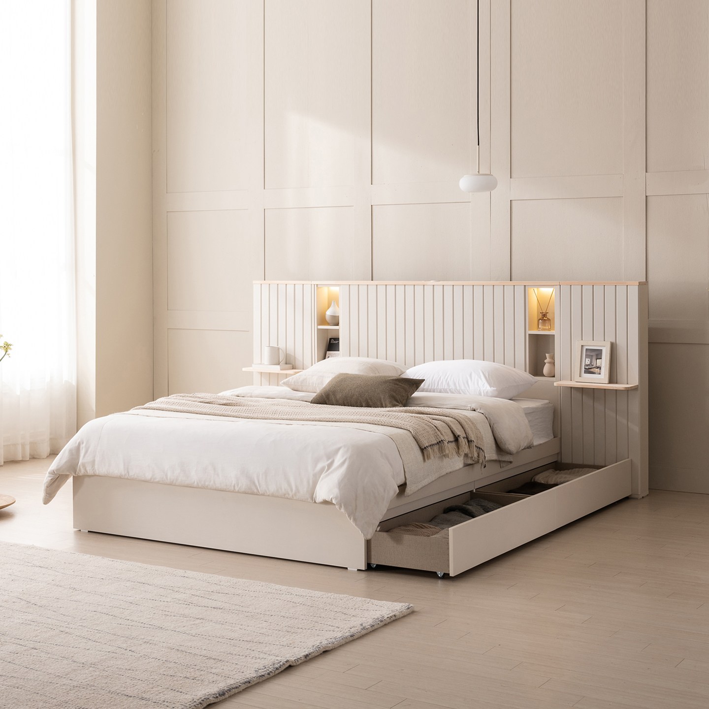 베드리움 브리드 LED 호텔형 원목 수납침대 SS Q, 아이보리 559,000원