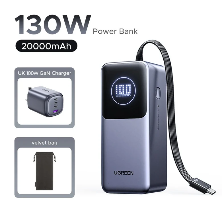 UGREEN Nexode 130W 20000mAh 보조배터리 내장 타입 C 케이블 100W 휴대용 배터리 외장 파워뱅크 노트북 고 162,700원
