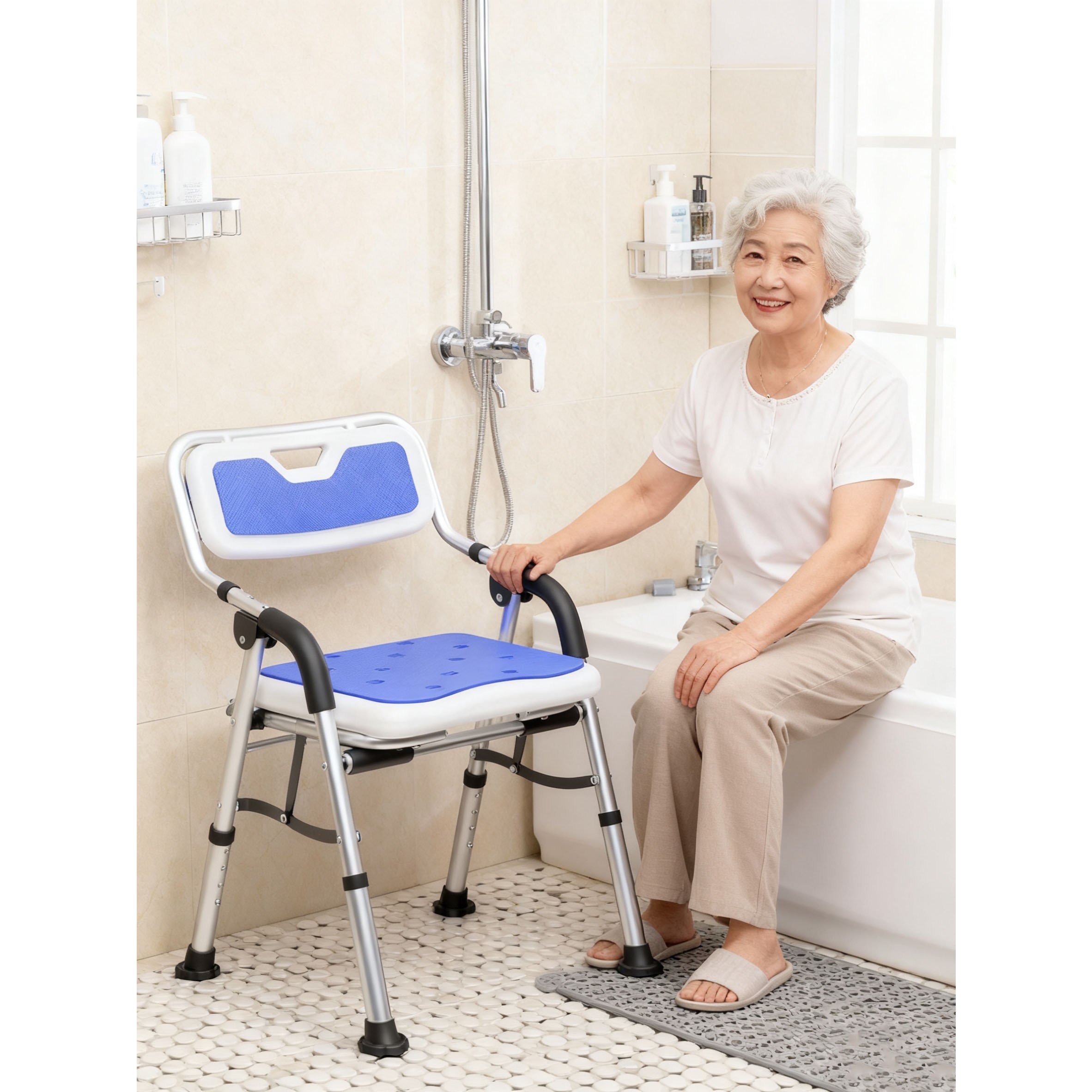 환자 욕실 샤워의자 욕실 의자 등받이 노인 목욕의자 등받이 어르신 미끄럼방지 접이식, 블루, 1개 74,500원