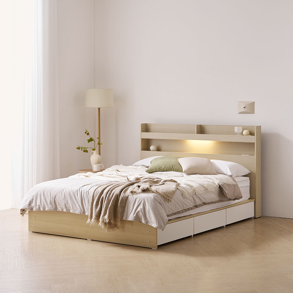 [베디스] 시엘 LED조명 서랍형 수납식 호텔식 침대 프레임 숨결애 독립 포켓 스프링 라텍스 매트리스 침대 세트, 워시오크 298,000원