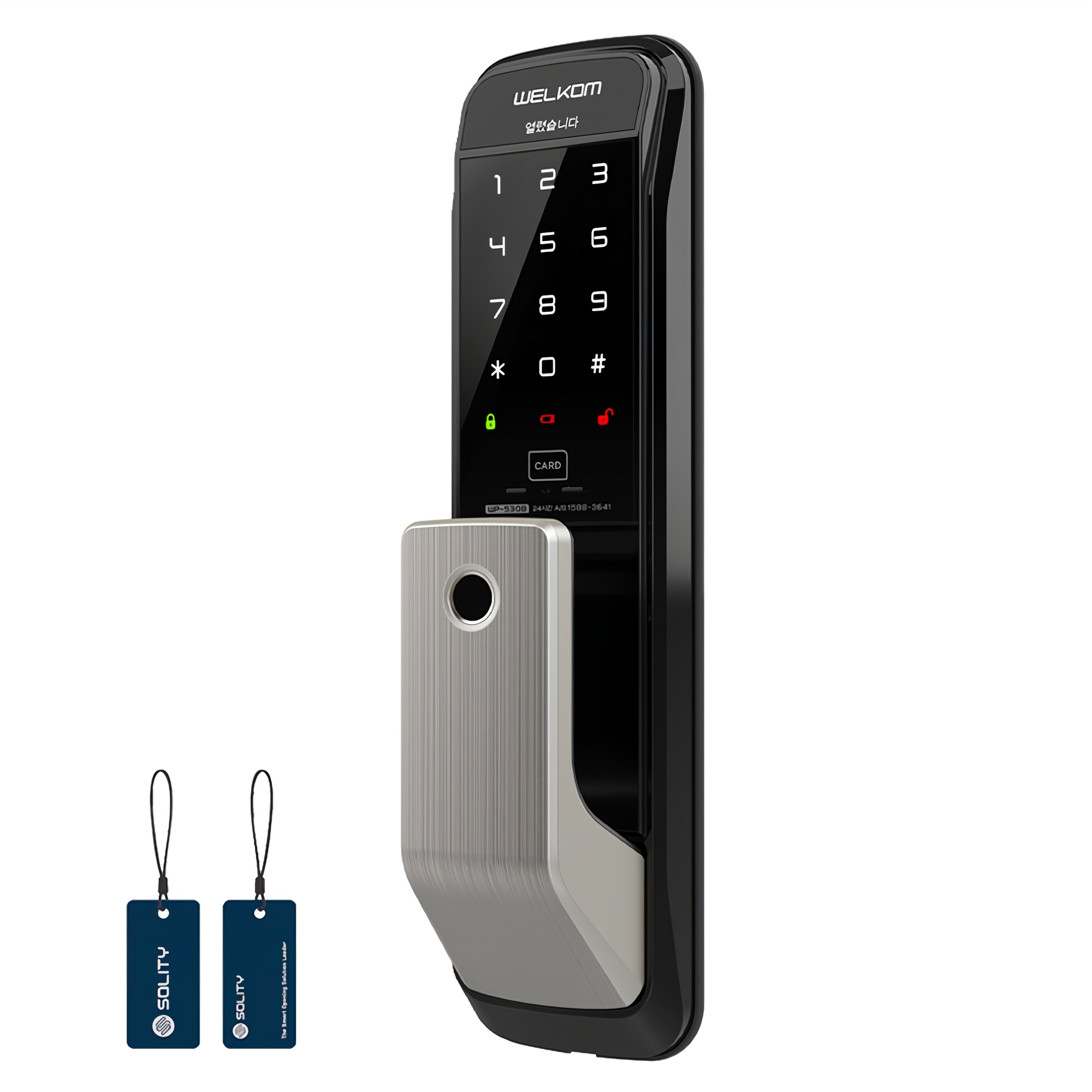 웰콤 손잡이 있음 지문인식 무타공 푸시풀 도어록 129,800원