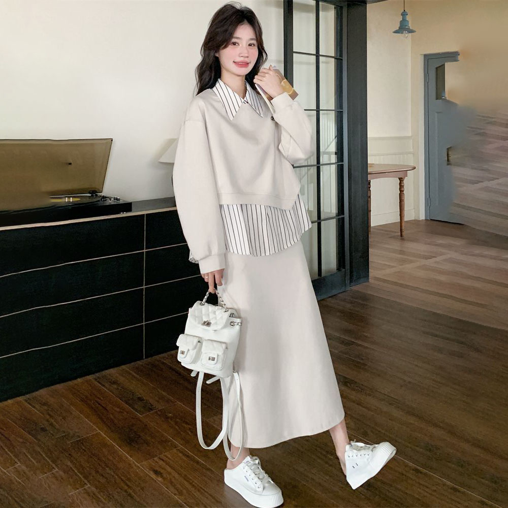 웨일쓰 여성 카라넥 가을 오버핏 레이어드 후드셔츠+원피스 투피스 여성 빅사이즈 트렌드 치마세트 39,800원