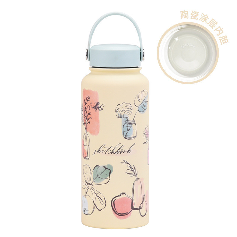 (1+1) 세라믹텀블러 대용량 1L 보온병 휴대용 진공 스포츠 물병 가벼운 세라믹 코팅 캠핑 등산용 주전자 컵 포함 보온보냉 기능성 디자인, 1개, 1L, N_크림색 22A 모델 55,900원