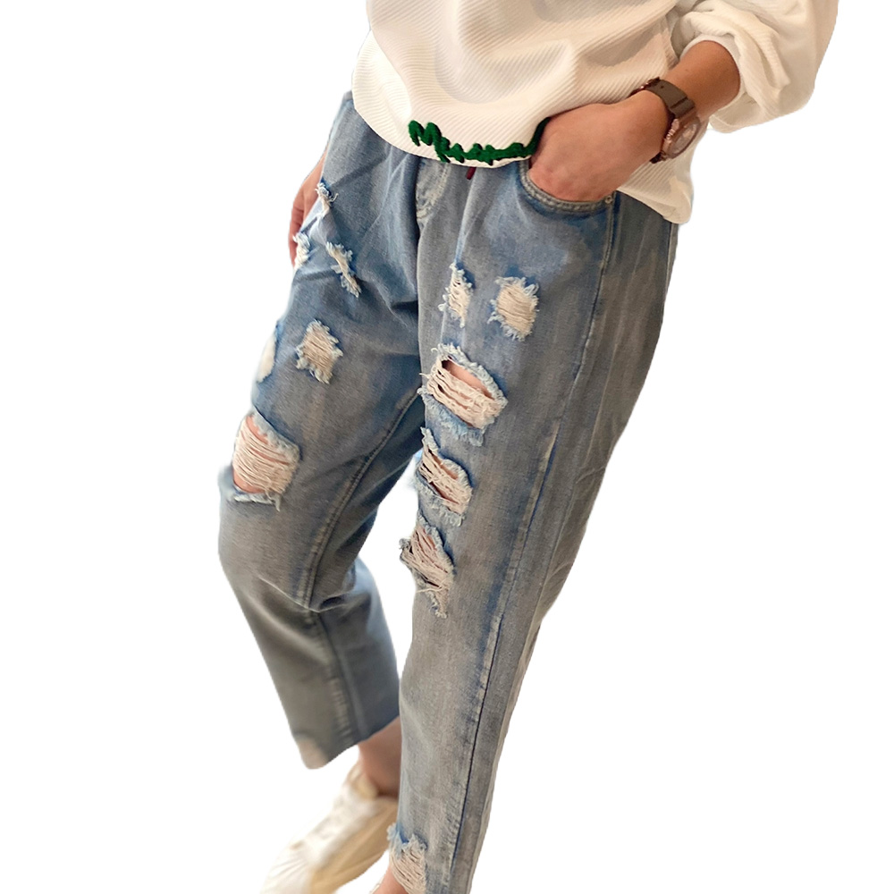 퀸앤조이 빅사이즈 데미지 찢청 밴딩 데님팬츠 39,800원