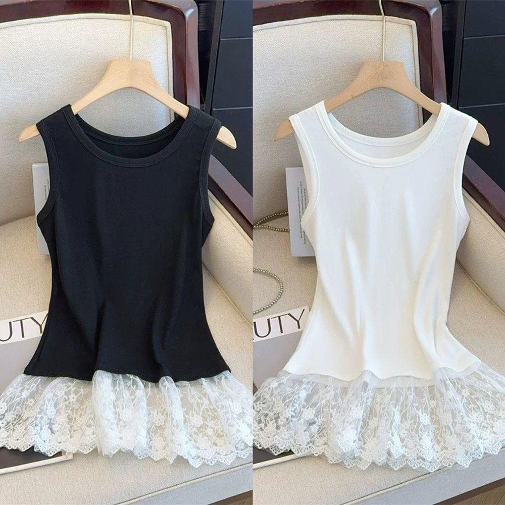 ROYALBELLE (1+1)2장묶음 여성 라운드넥 레이스 밑단 루즈핏 민소매 미디 나시 D01031010 20,100원