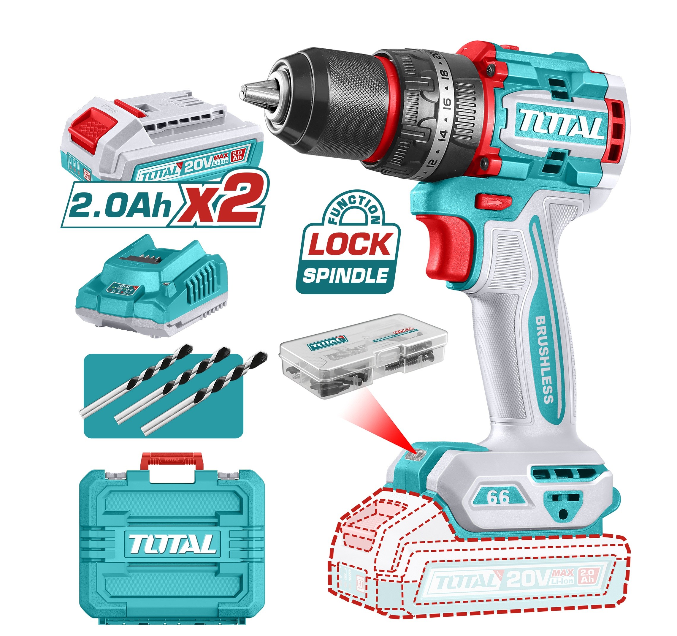 토탈전동 20V 무선 해머 임팩트 임팩 드릴 드라이버 66Nm 브러시리스 TIDLI20668  2.0Ah 배터리 2개 세트  철판목재콘크리트 타공 인테리어 목공드릴 199,000원
