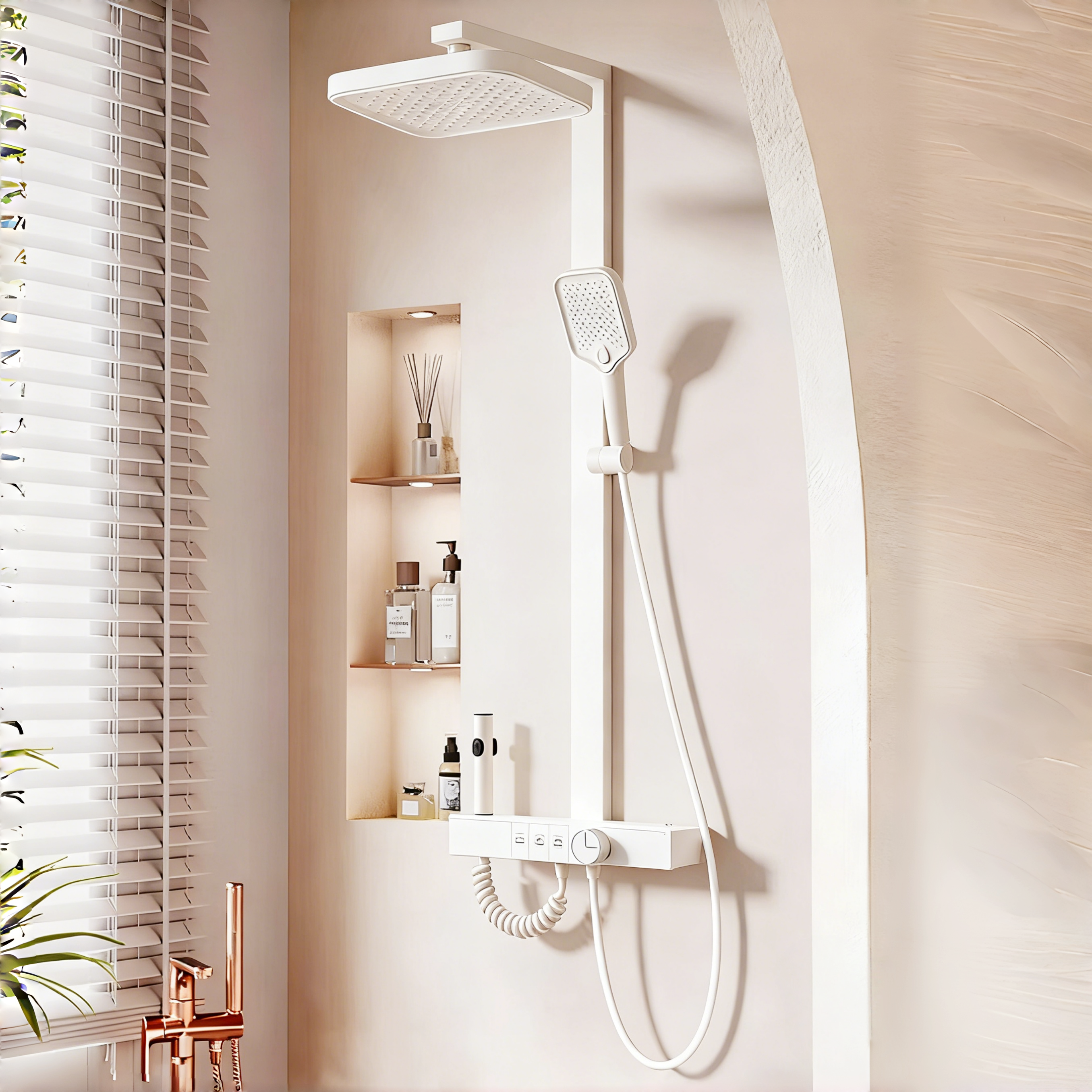 YAPOGI 크림화이트 피아노 키 항온 선반형 해바라기 샤워수전, 밀크 화이트+사각형 탑 B, 1세트 125,000원