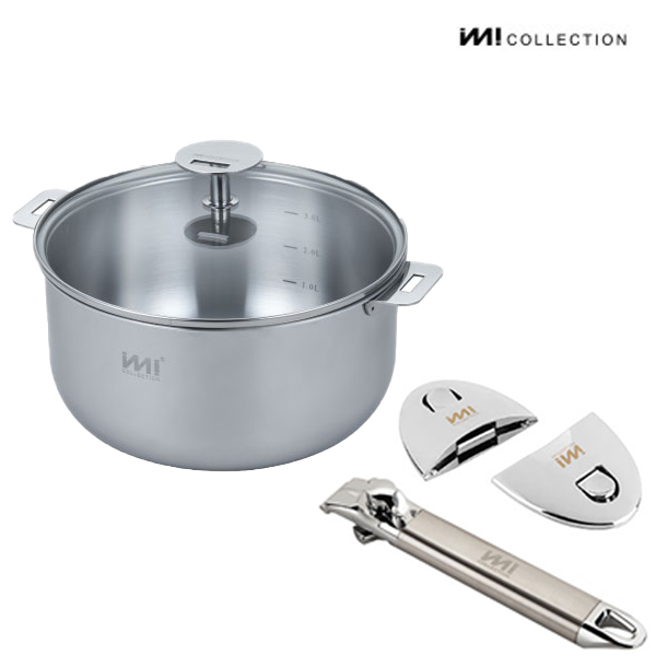 IMI 바닥3중 IH 스텐 냄비 (유리돔) + 편수&양수핸들3p  인덕션 가스 뚜껑 수납 라면 자취 신혼 159,000원