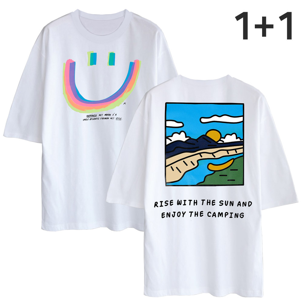 2장세트 1+1 5부 오버핏 반팔티 리버캠핑+컬러스마일 남녀공용 반팔 티셔츠 33,900원