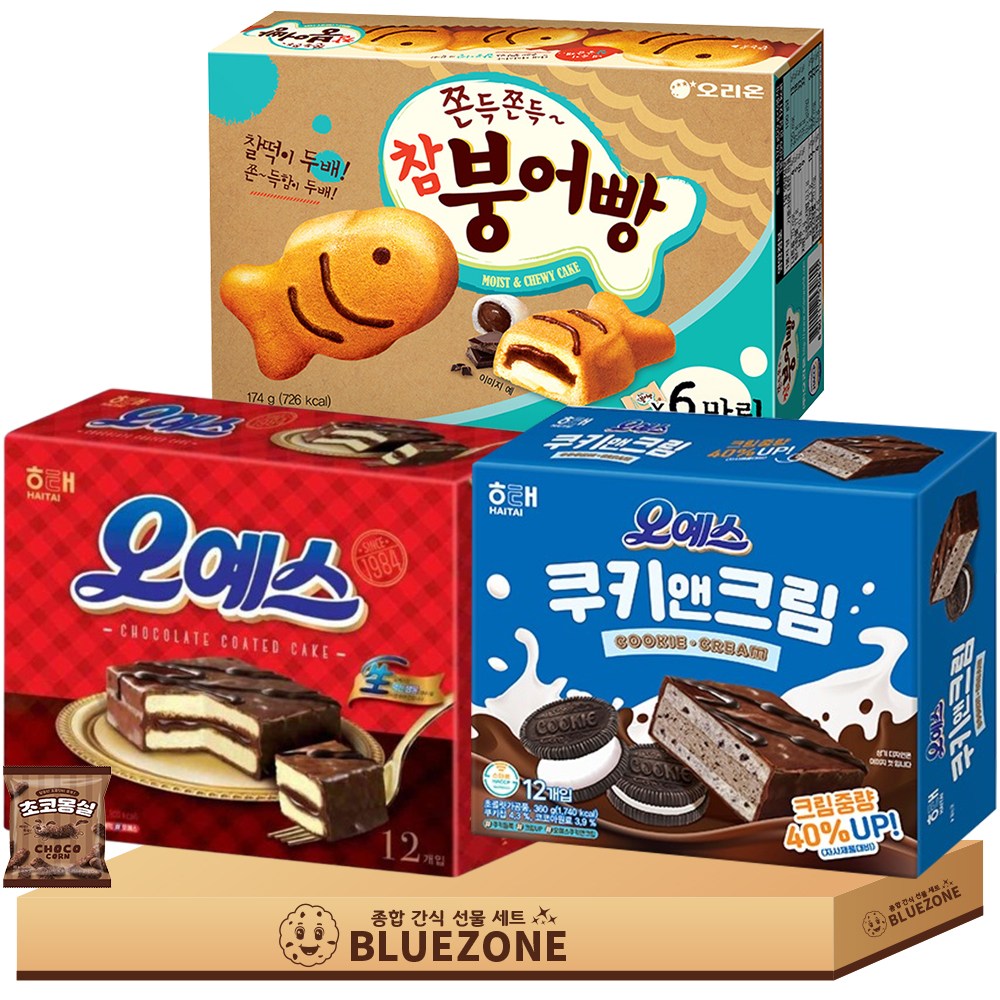 대용량 파이 과자 E세트 오예스360g 오예스쿠키앤크림360g 참붕어빵174g 몽실22g 25,500원
