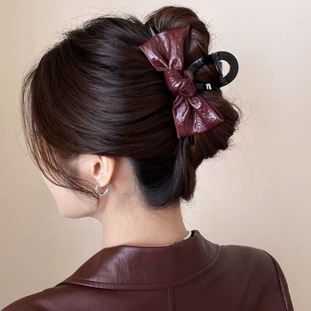 [꽃핀샵] 프리미엄 레더 고급가죽 매듭 빅리본 여성헤어올림머리집게핀 13센치 블랙/브라운/버건디 13,800원