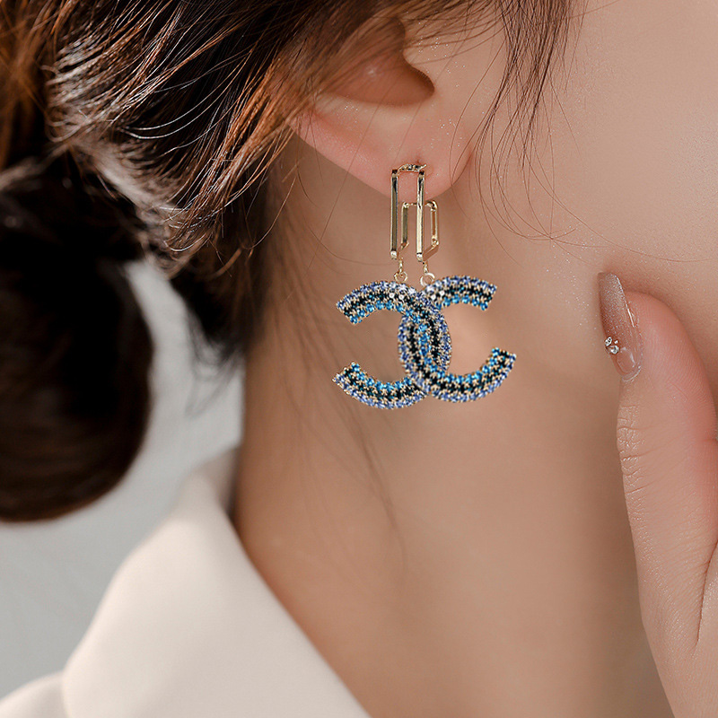 Ramlove 이중C 귀걸이 14K 스톤 지르코니아 세팅 트렌디 럭셔리 스타일 고급 도금 이어링 CJR-SSL0303 69,800원