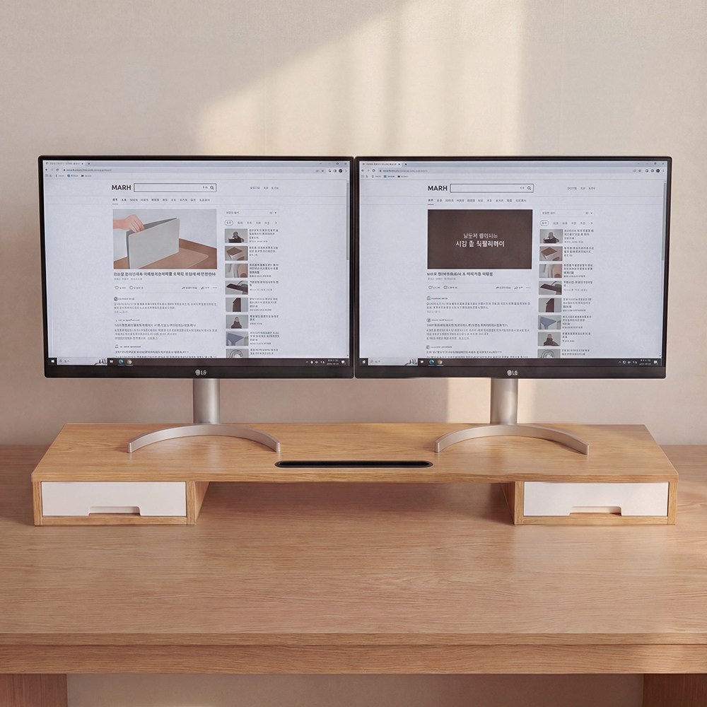 듀얼 모니터 받침대 수납 서랍형 거치대 와이드 모니터 거치, 원목 컬러 33,110원
