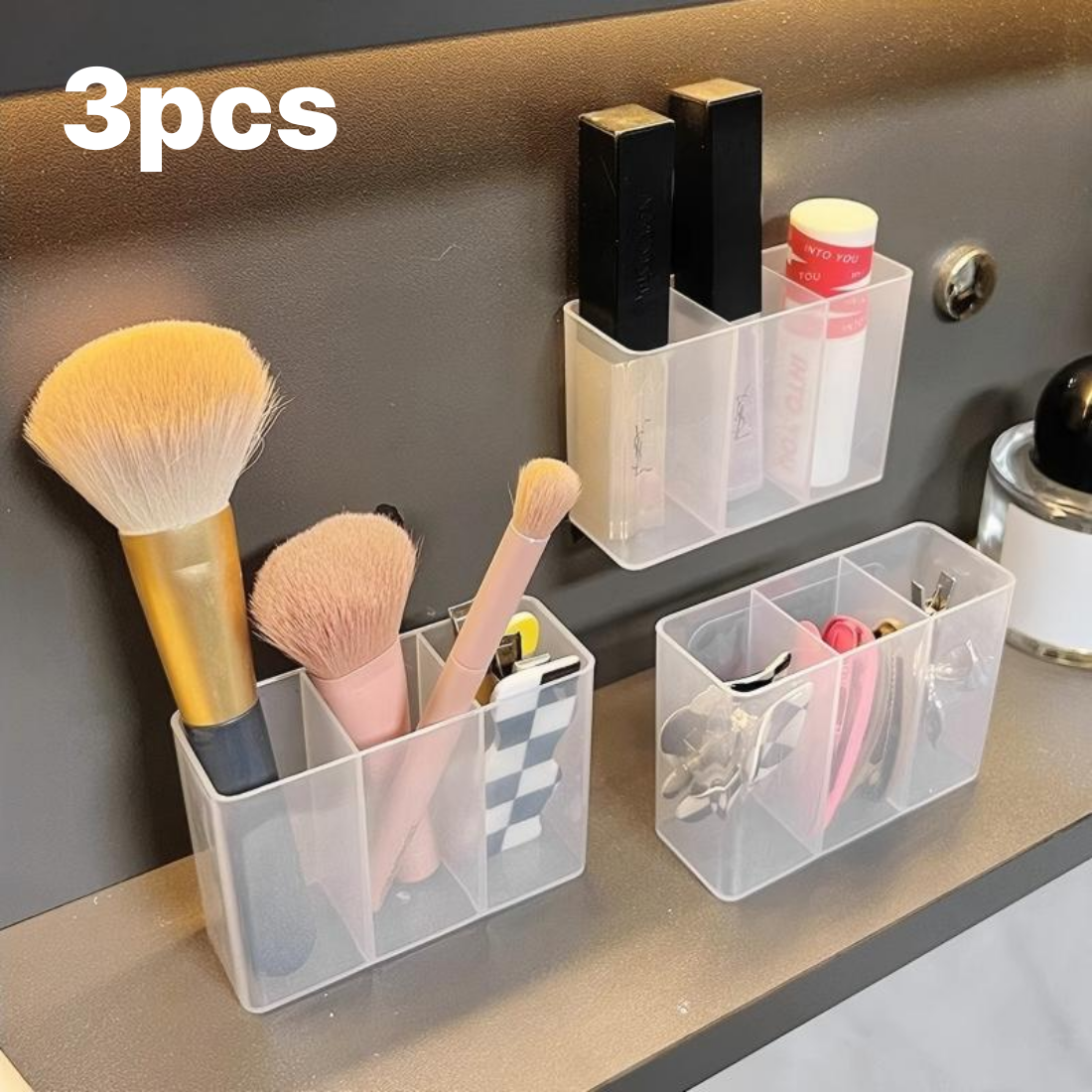 다용도 무타공 접착식 미니 플라스틱 3칸 분할 수납함 소품 정리함 3P 세트 6,500원