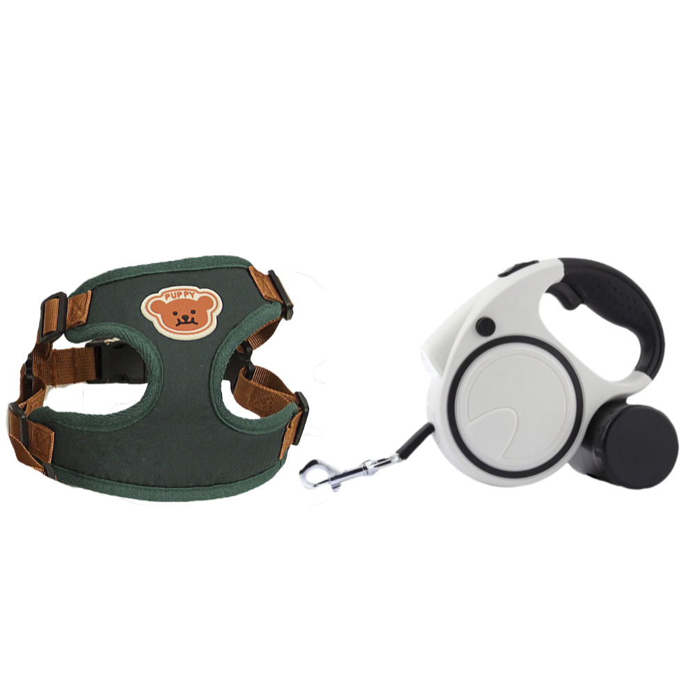 강아지 H형 하네스 세트 자동 LED 리드줄 5M 목줄 패키지, 1세트, 그린+LED 자동리드줄 34,900원