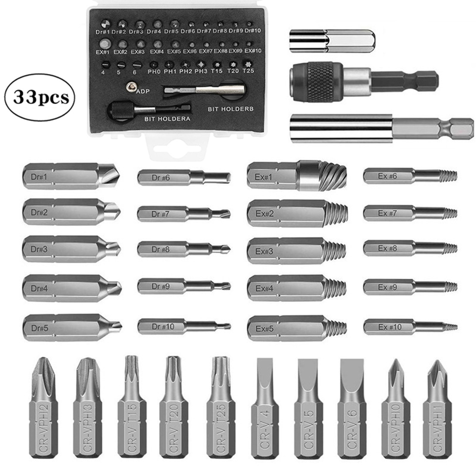 Flyaiku HSS 볼트 리무버 나사 추출기 히다리탭 반대탭 드릴비트 세트 33종 15,900원