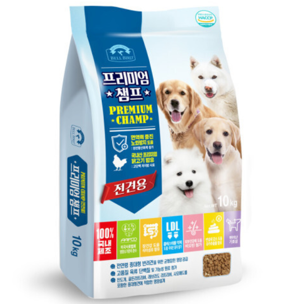 벨버드 프리미엄 챔프 전견용 강아지 반려(애견) 고품질 국내산 닭고기 함유 장건강 피부 장건강 면역력 증진 사료, 1개, 10kg, 닭 22,300원