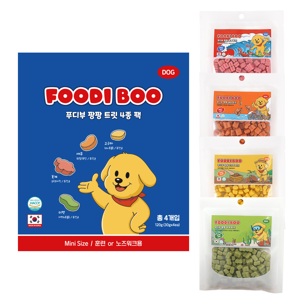 푸디부 강아지 간식 저칼로리 저알러지 노즈워크 트릿 4종팩, 4개, 30g, 혼합맛(꽃게,새우,미역,고구마) 10,900원